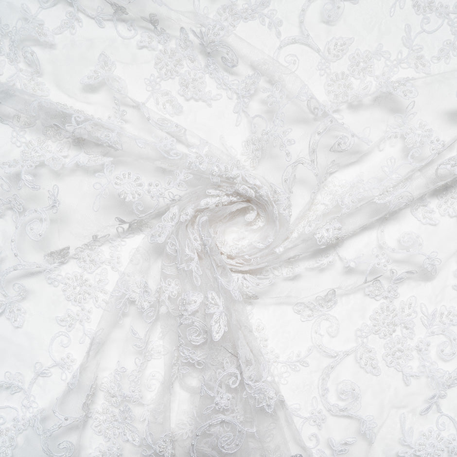 Floral White Beaded Embroidered Tulle