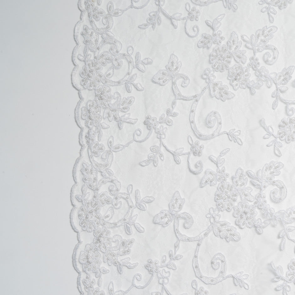 Floral White Beaded Embroidered Tulle