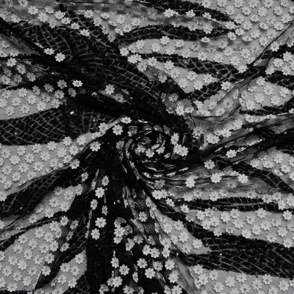 Monochrome Laser Cut Sequinned Embellished Tulle
