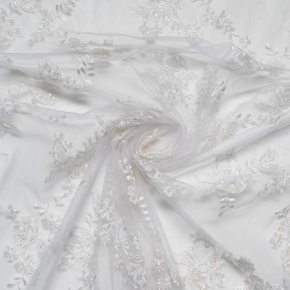 White Beaded Embroidered Floral Tulle