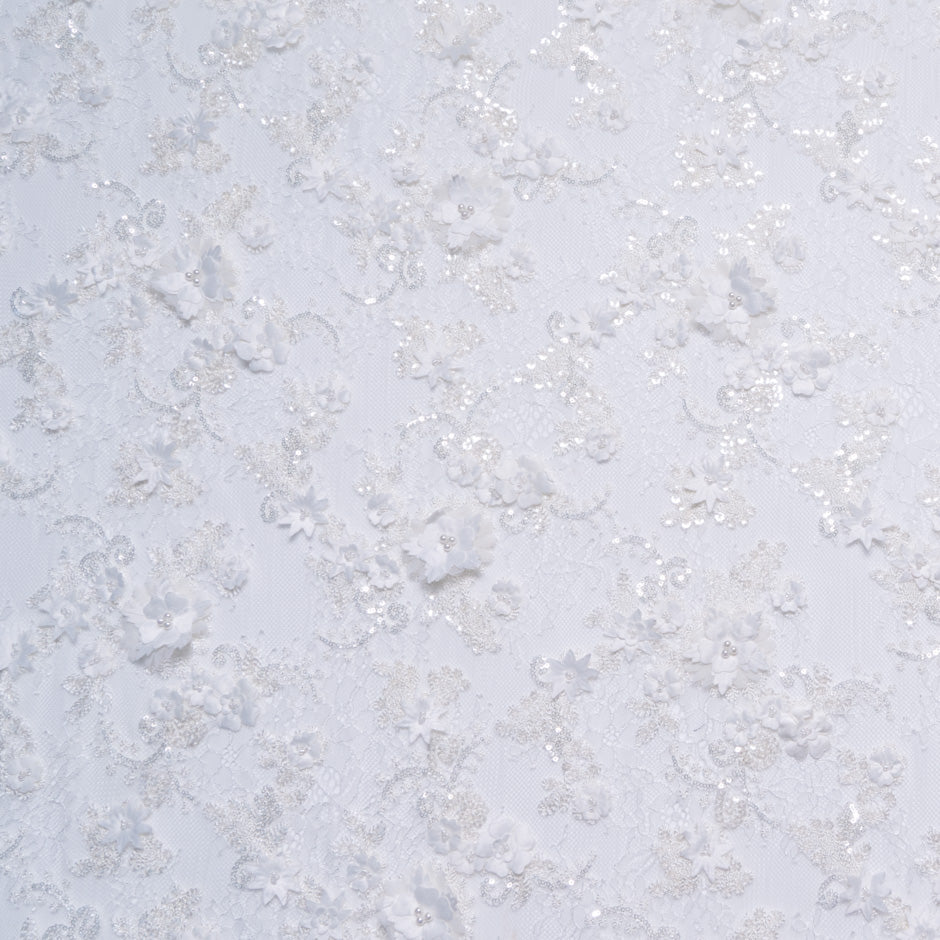 3D Floral & Sequinned White Chantilly Lace