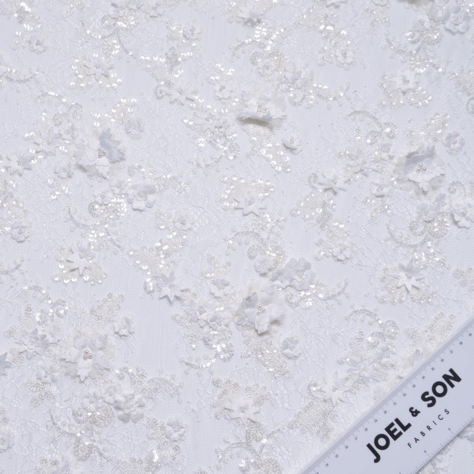 3D Floral & Sequinned White Chantilly Lace