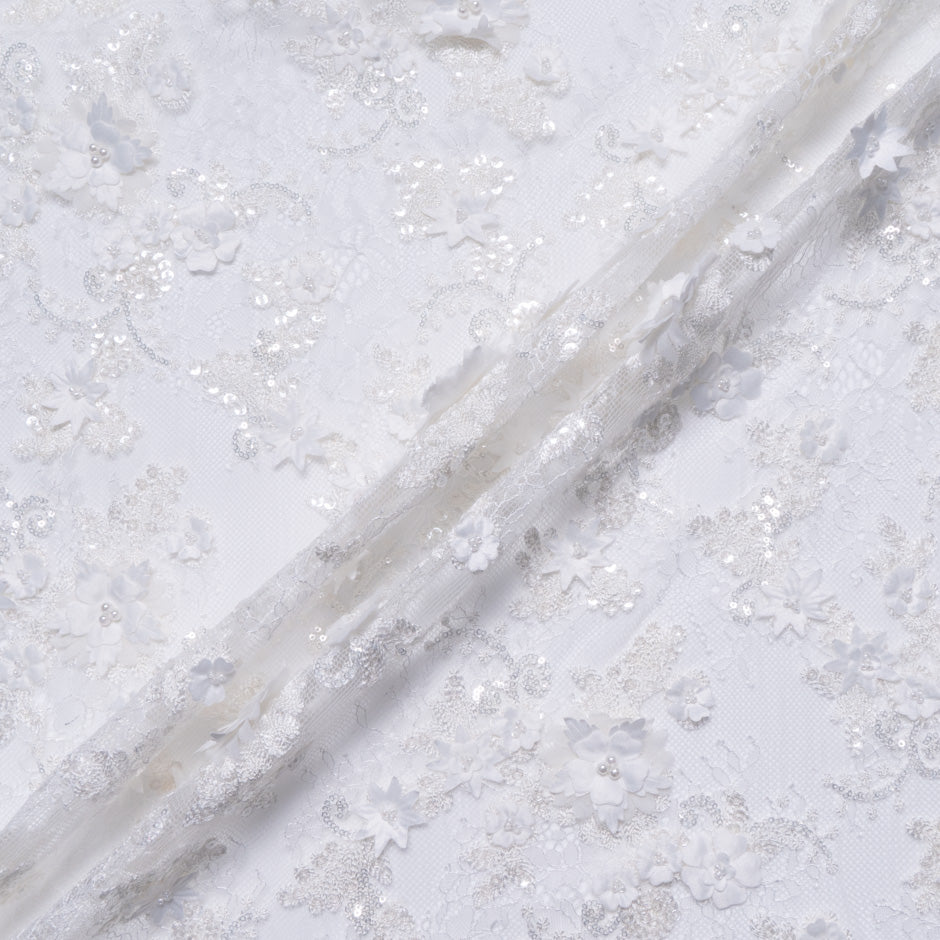 3D Floral & Sequinned White Chantilly Lace