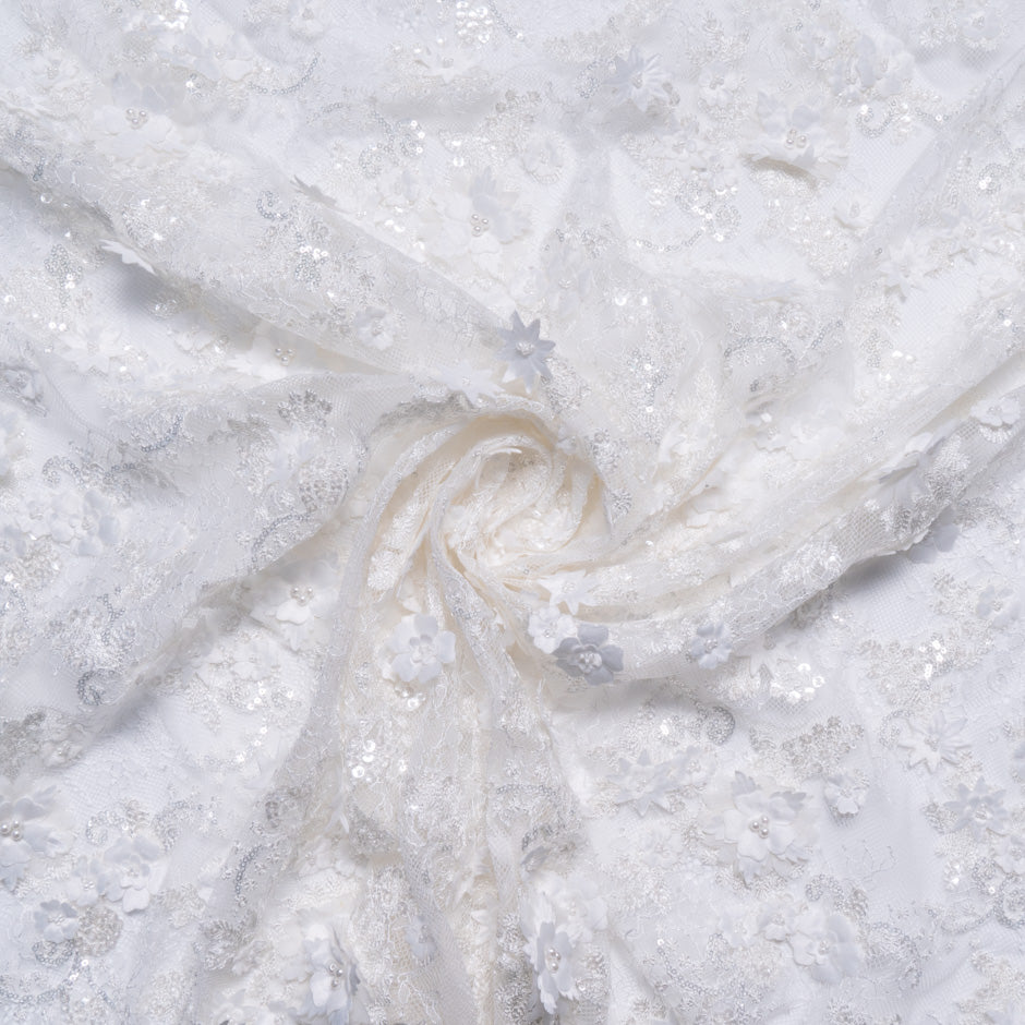 3D Floral & Sequinned White Chantilly Lace