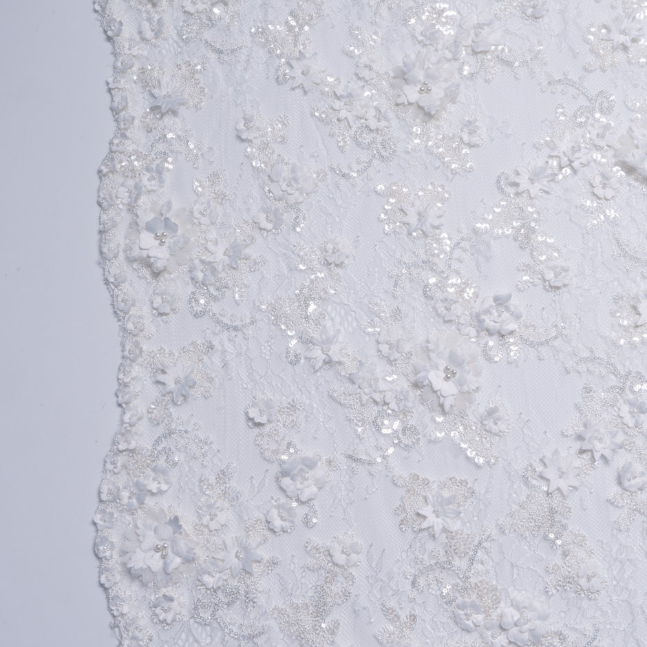3D Floral & Sequinned White Chantilly Lace