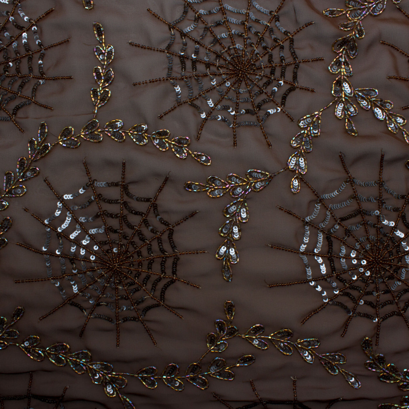 Floral & Web Brown Hand Beaded & Embroidered Chiffon