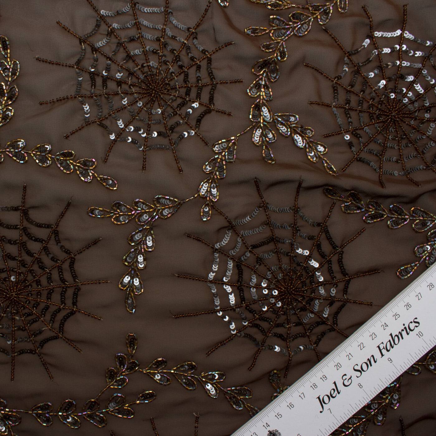 Floral & Web Brown Hand Beaded & Embroidered Chiffon