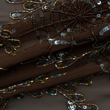 Floral & Web Brown Hand Beaded & Embroidered Chiffon