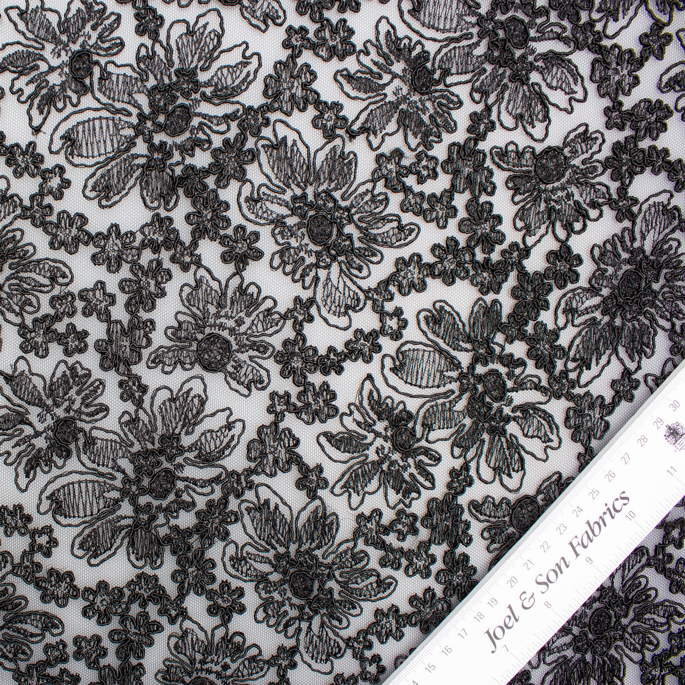 Jet Black Corded & Embroidered Tulle