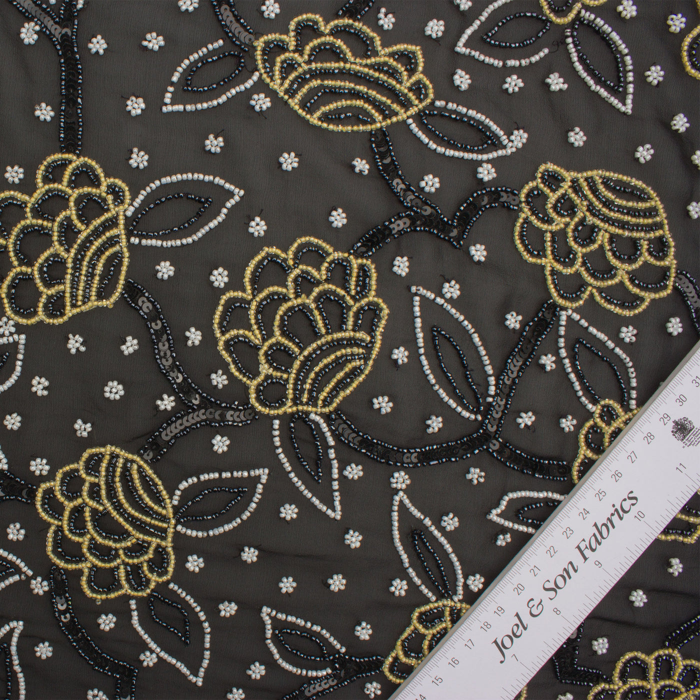 Black Floral Hand Beaded Silk Georgette