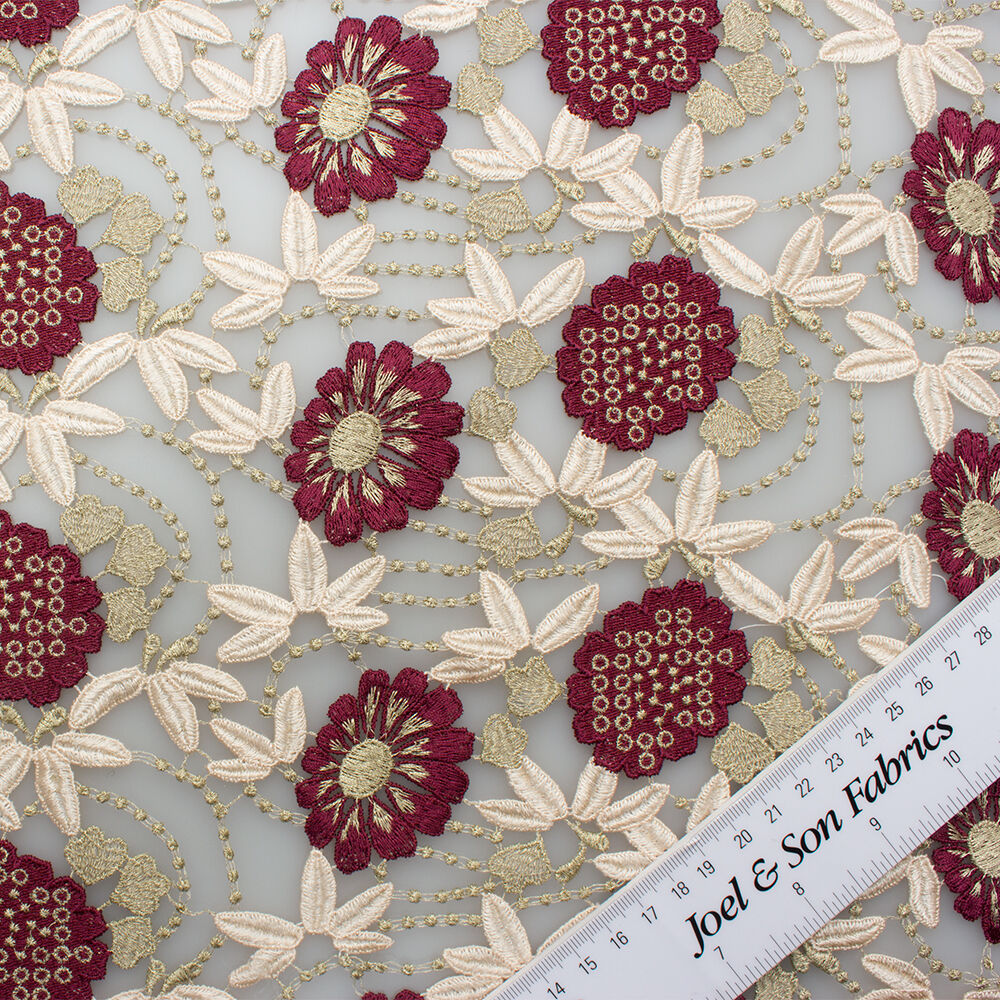 Burgundy & Muted Gold Floral Guipure Lace