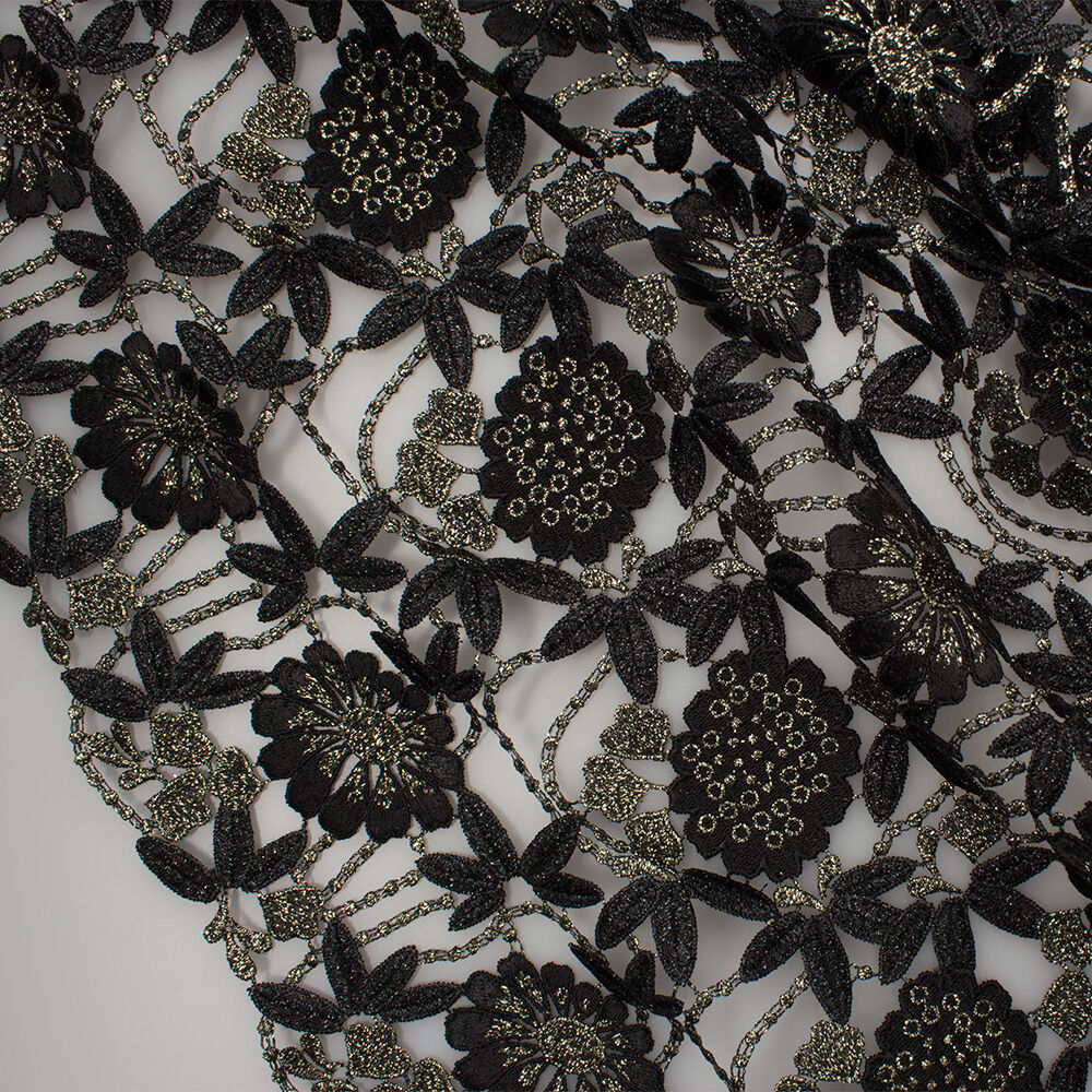 Black & Silver Grey Metallic Guipure Lace