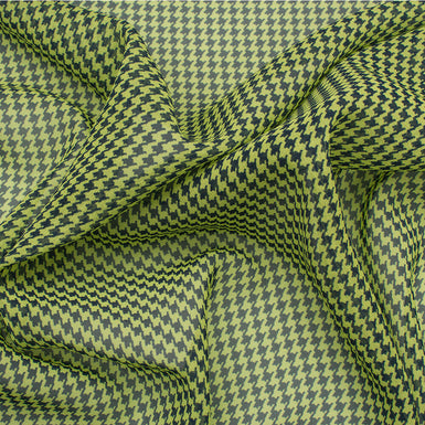 Lime Green/Navy Blue Dogtooth Printed Silk Georgette