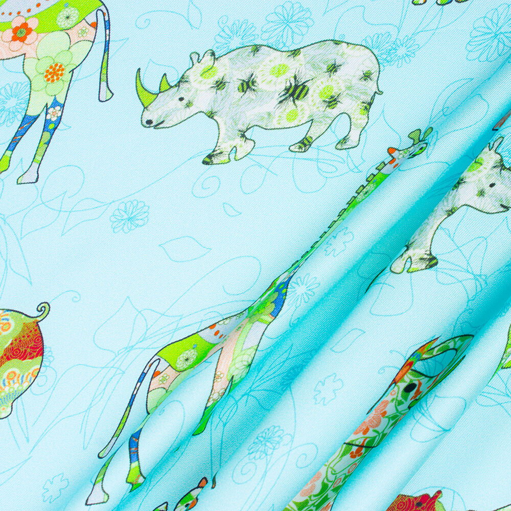 Turquoise 'Safari Animals' Printed Silk Twill (A 3.50m Piece)
