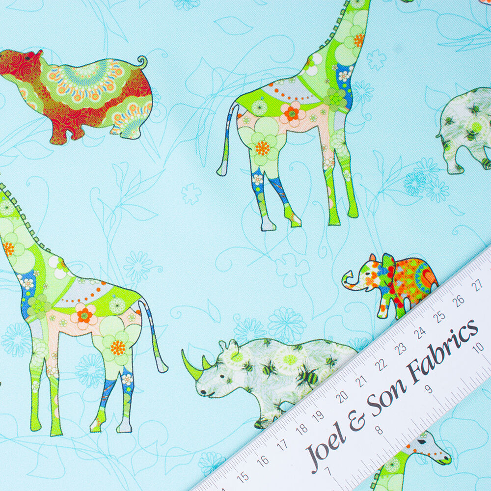 Turquoise 'Safari Animals' Printed Silk Twill (A 3.50m Piece)