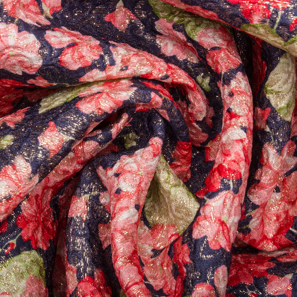 Navy/Pink Floral Metallic Silk Cloqué (A 2m Piece)