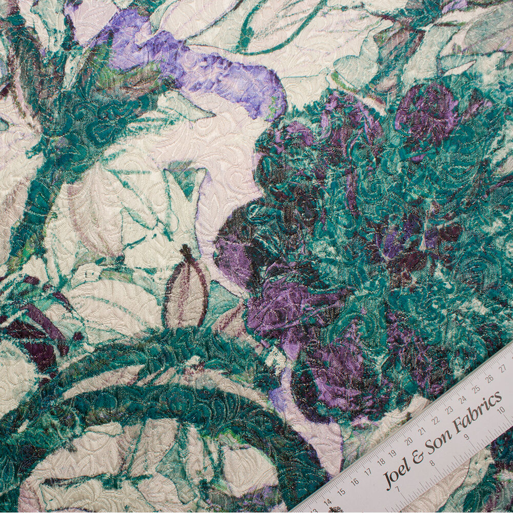 Teal Green Floral Metallic Cloqué