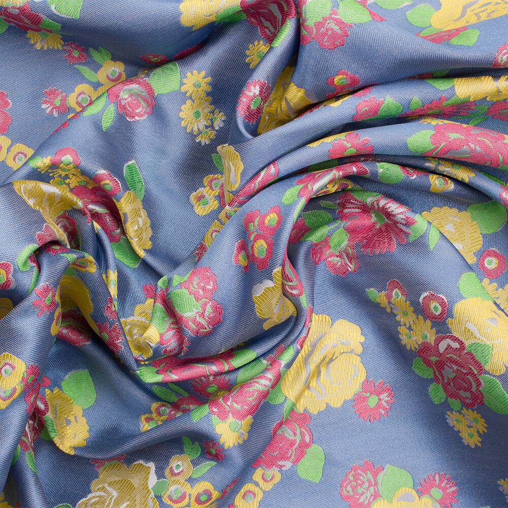 Yellow/Pink Floral Blue Brocade
