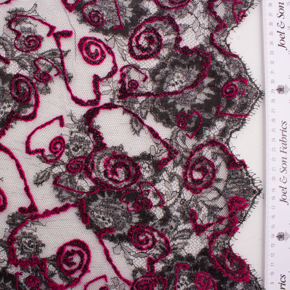 Pink/Black Metallic Flocked Heart Chantilly Lace
