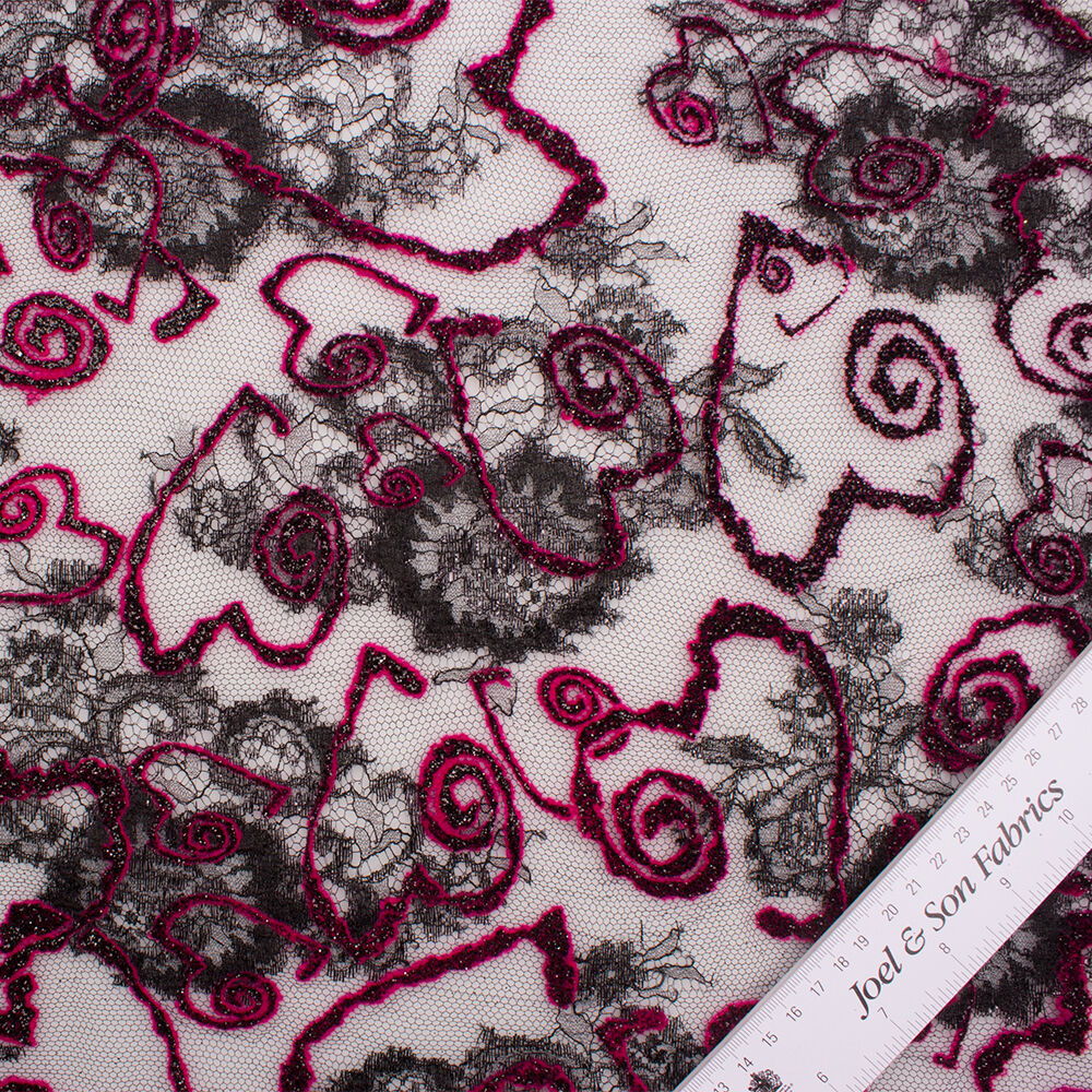 Pink/Black Metallic Flocked Heart Chantilly Lace