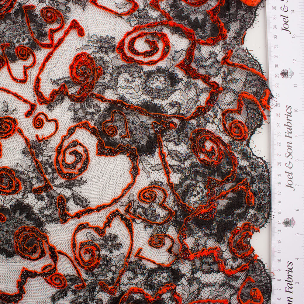 Orange/Black Metallic Flocked Heart Chantilly Lace
