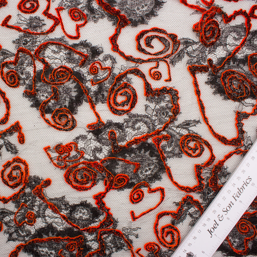 Orange/Black Metallic Flocked Heart Chantilly Lace