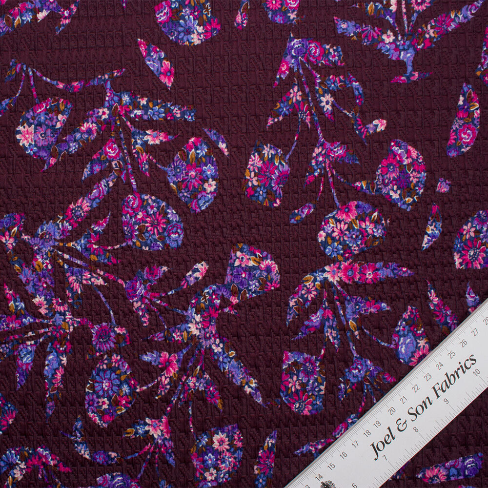 Burgundy Floral Printed Cloqué