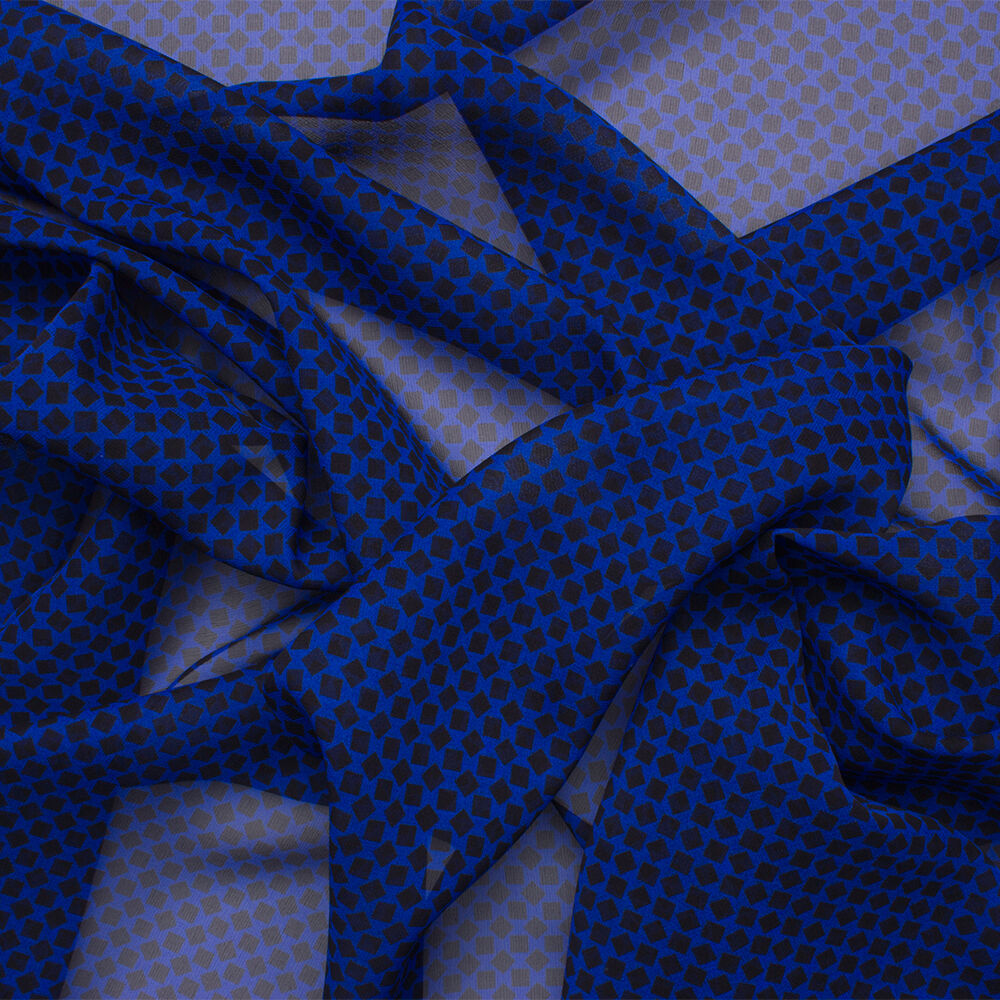 Royal Blue/Black 'Squares' Printed Silk Georgette