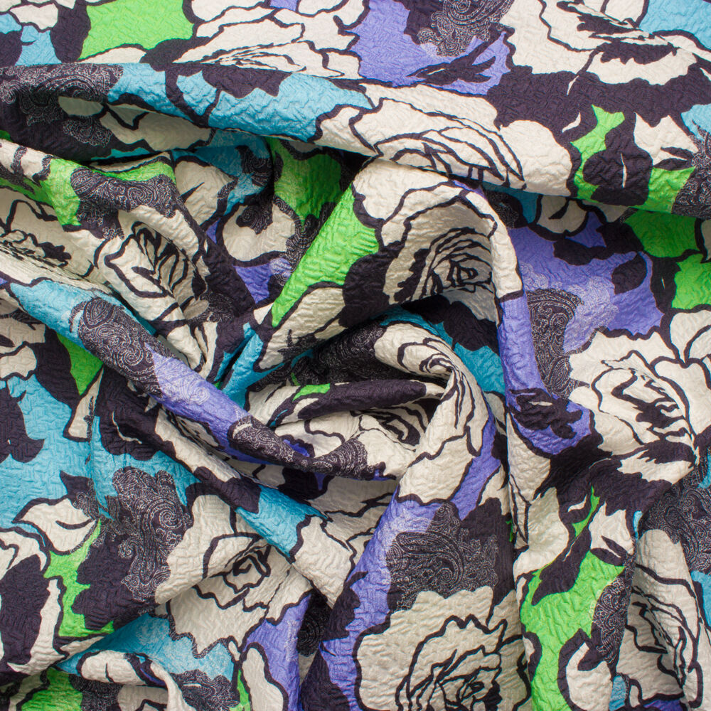 Blue & Lilac Floral Printed Silk Cloqué (A 2m Piece)