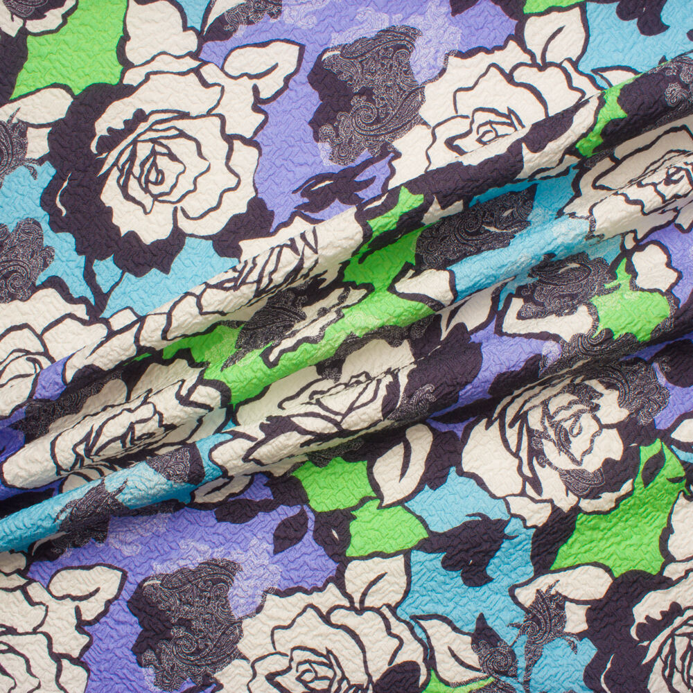 Blue & Lilac Floral Printed Silk Cloqué (A 2m Piece)