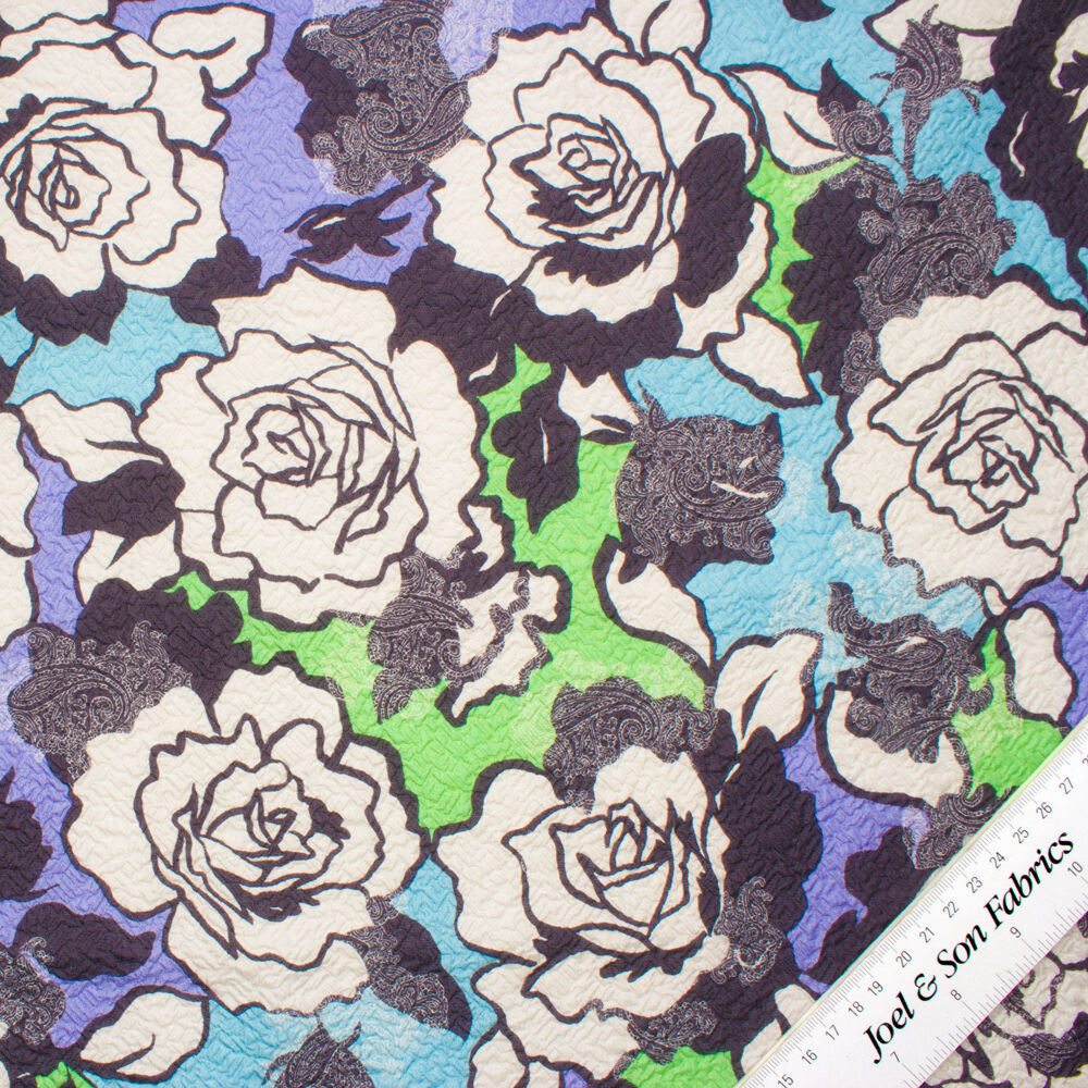 Blue & Lilac Floral Printed Silk Cloqué (A 2m Piece)