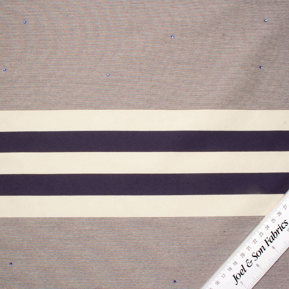 Navy Blue/Ivory Stripe Mikado with Stones