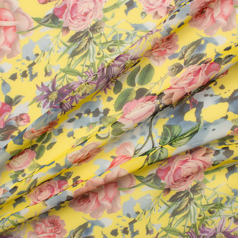 Canary Yellow/Floral Printed Silk Chiffon