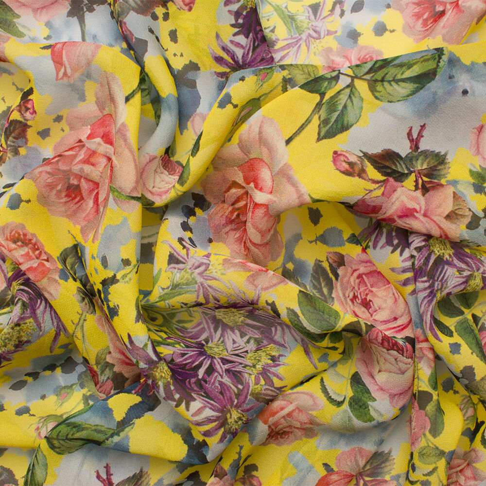 Canary Yellow/Floral Printed Silk Chiffon