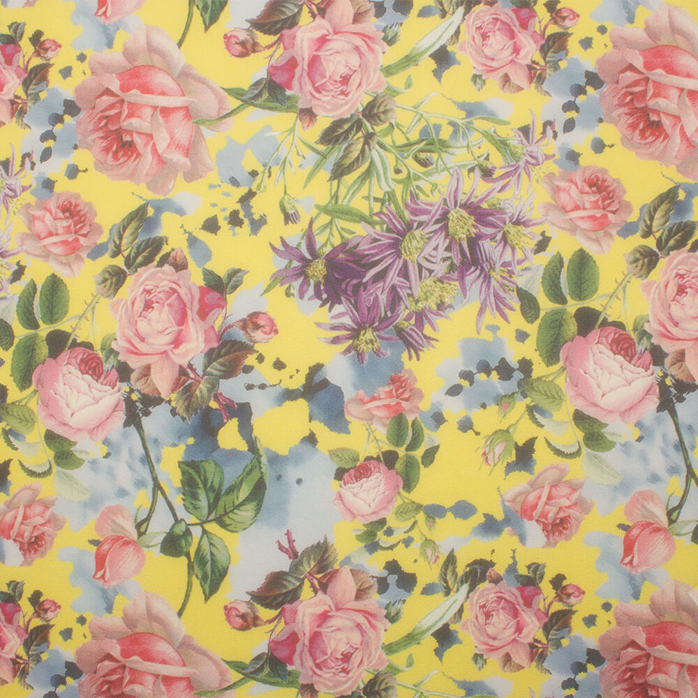 Canary Yellow/Floral Printed Silk Chiffon