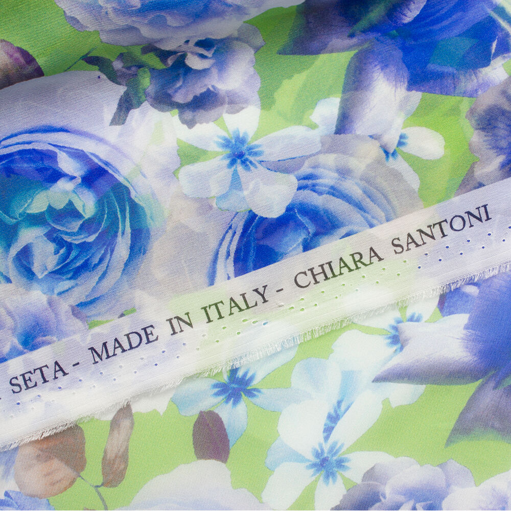 Blue/Green Multi Floral Printed Silk Chiffon
