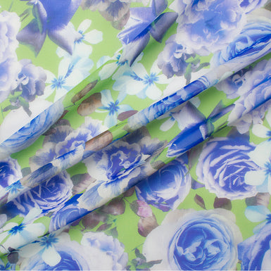 Blue/Green Multi Floral Printed Silk Chiffon