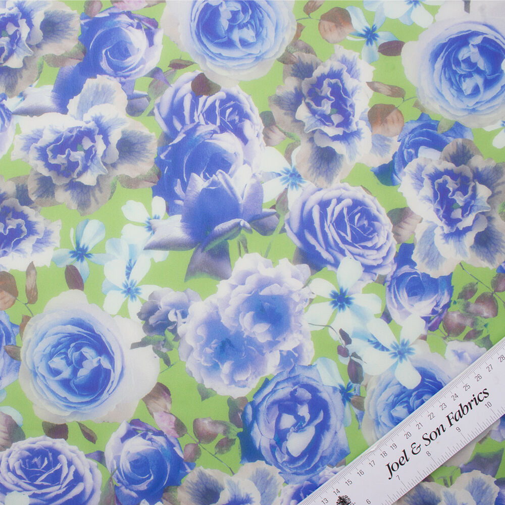 Blue/Green Multi Floral Printed Silk Chiffon