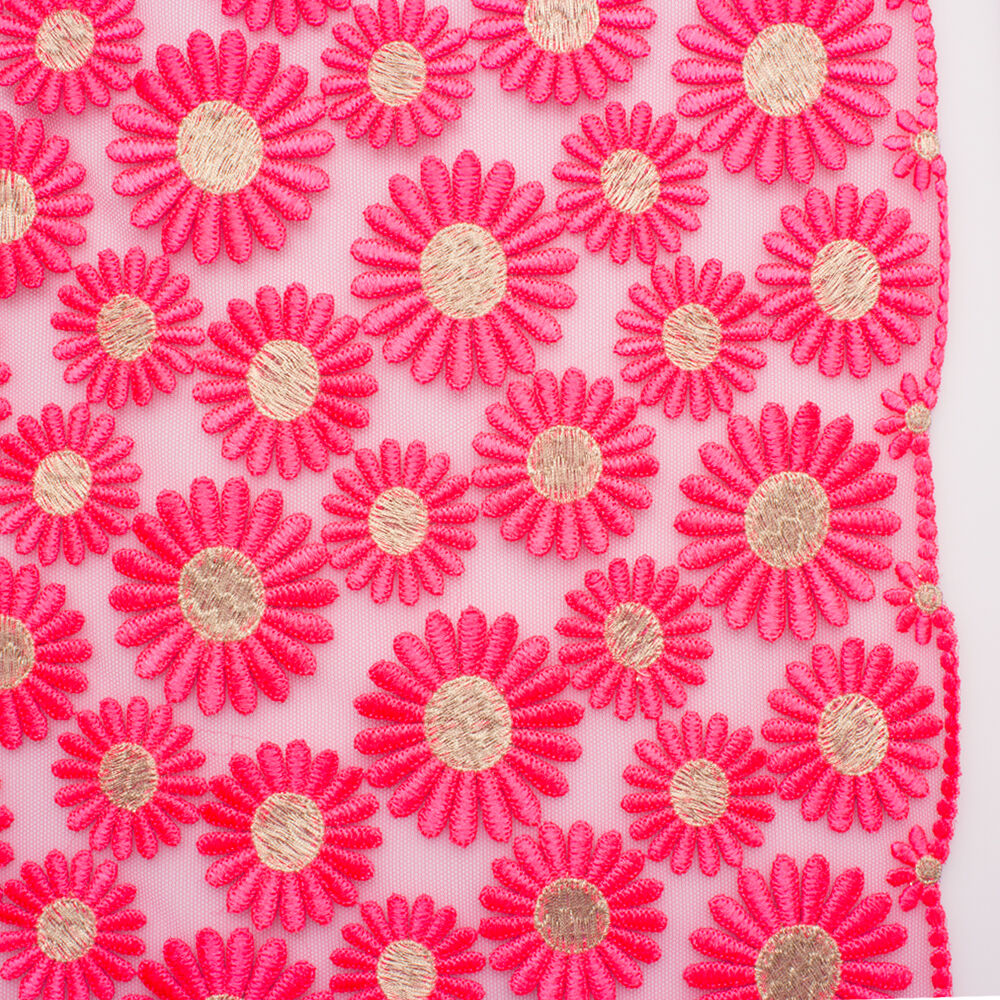 Fluorescent Pink Daisy Embroidered Tulle