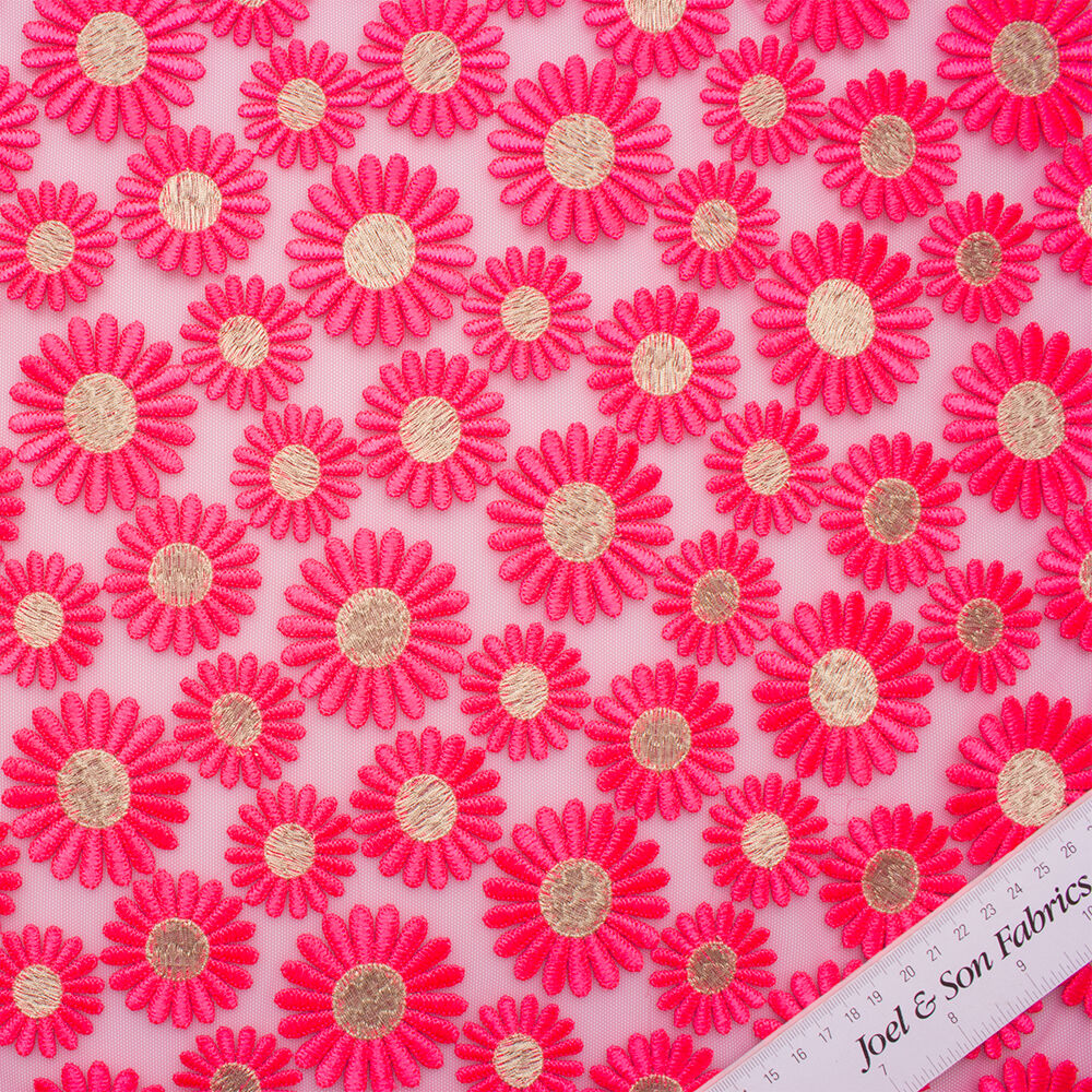 Fluorescent Pink Daisy Embroidered Tulle