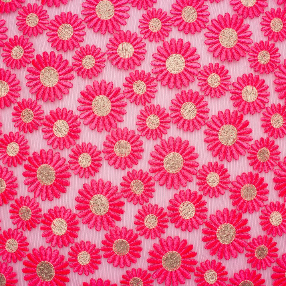 Fluorescent Pink Daisy Embroidered Tulle