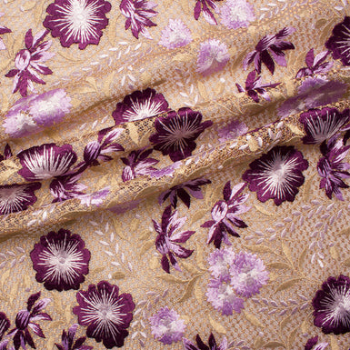 Mulberry & Gold Floral Double Embroidered Tulle Fabric