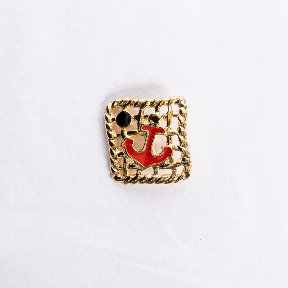 Square Woven Red Centred Anchor Gold Button