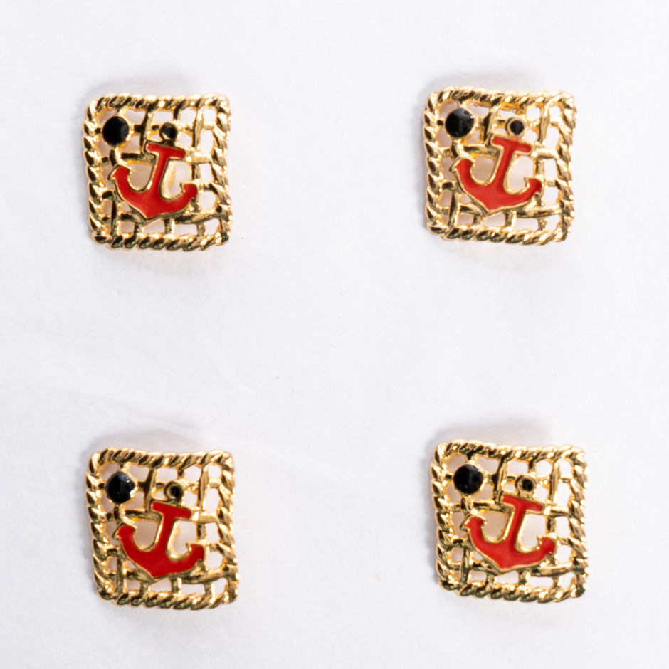 Square Woven Red Centred Anchor Gold Button
