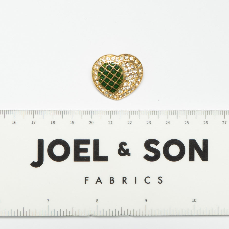 Green & Diamanté Heart Shaped Gold Button