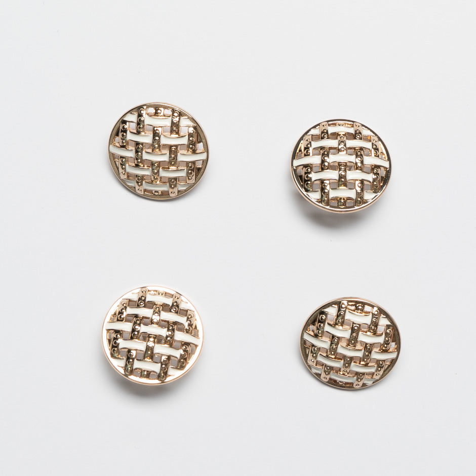 Woven White Enamel Round Gold Button