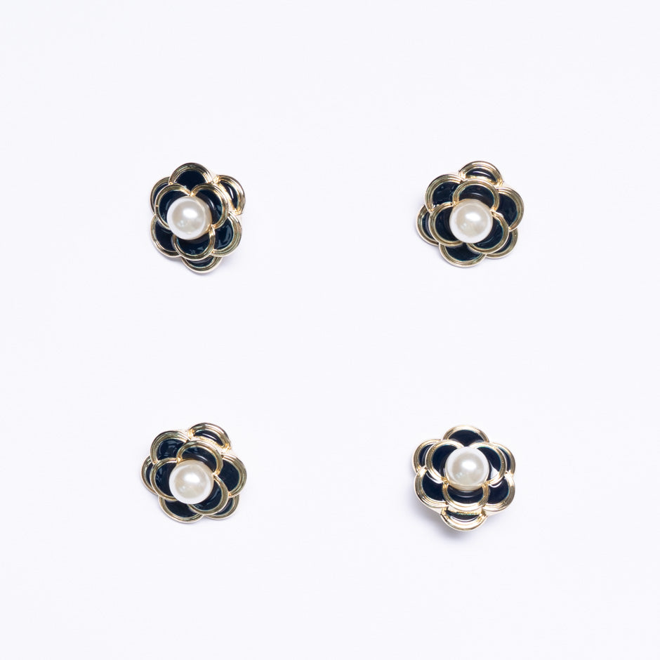 Midnight Blue Enamel & Pearl Floral Dress Button