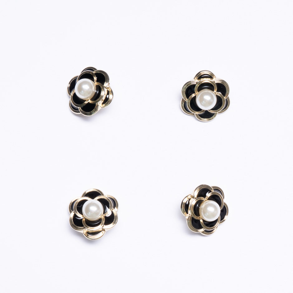 Black Enamel & Pearl Floral Dress Button