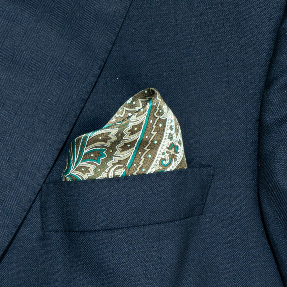 Khaki & Teal Pure Silk Pocket Handkerchief