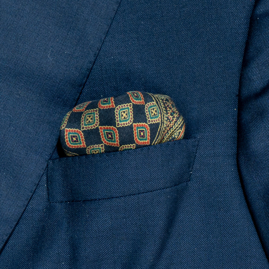 Navy Blue & Red Pure Silk Twill Pocket Handkerchief